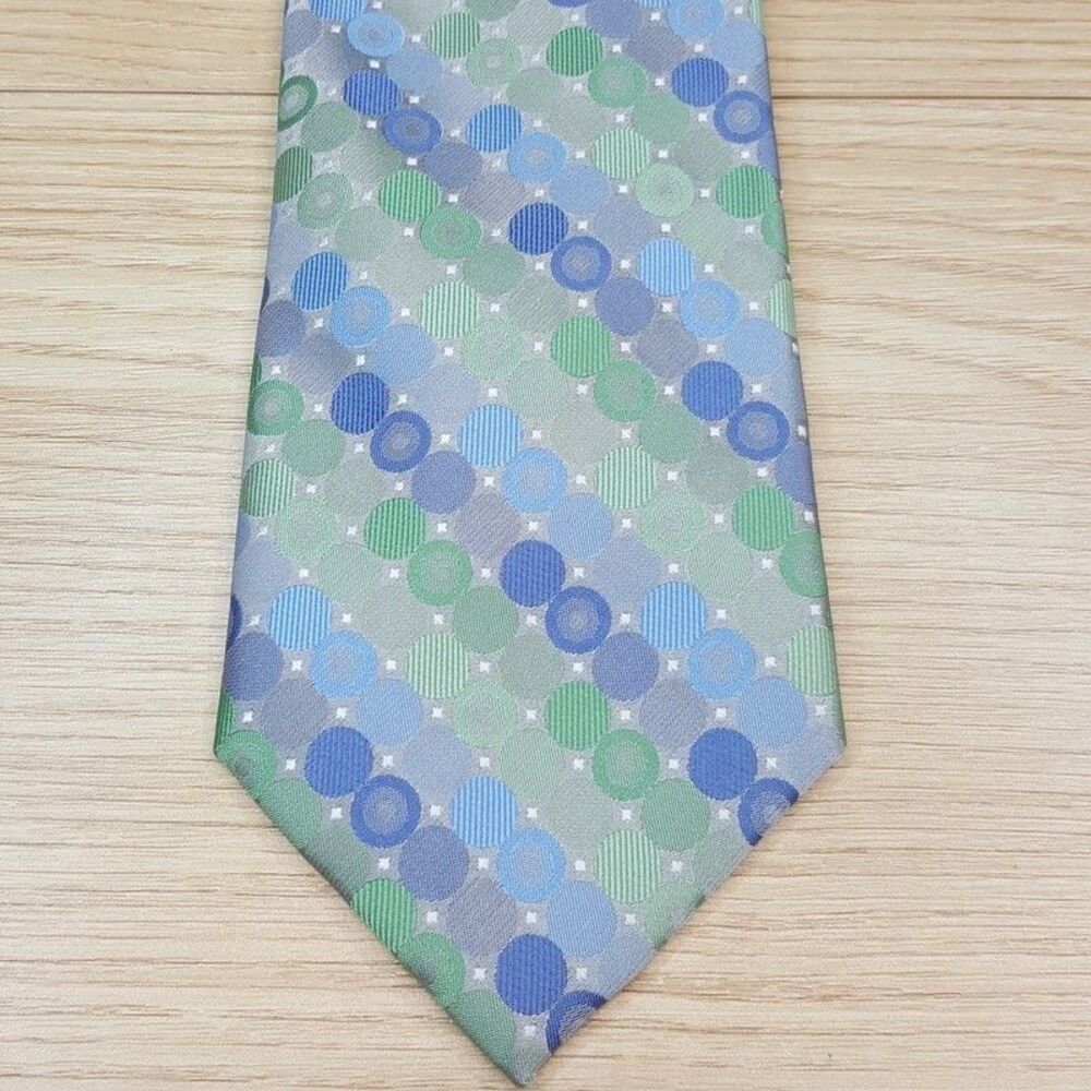 PERRY ELLIS Mens Neck Tie Silver Green Blue Geo Dot Medallion Necktie